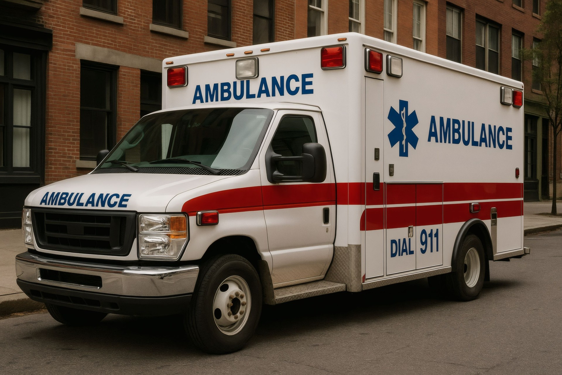 Emergency Ambulance Parked on a City Street, Ready for Quick Medical Response in Urban Area